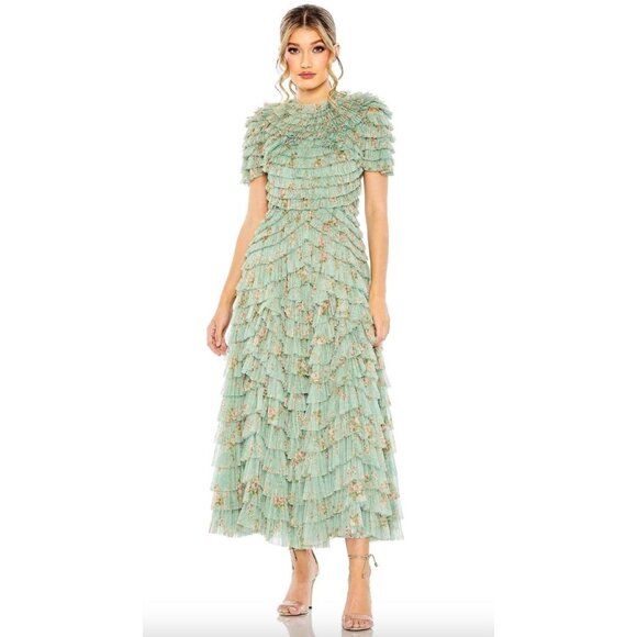 Anthropologie Mac Duggal Ruffled Floral Tulle Short Sleeve Dress 8014 Size 4